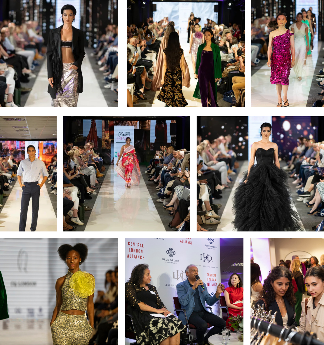 Photo grid from Central London Alliance's London Fashion Week event: runway shots include a model in a black blazer and metallic skirt, models in green and gold velvet, a model in a pink sequined one-shoulder dress, a model in a red sustainable sari, and a model in a black tulle gown; also pictured are a designer posing in a white shirt and trousers, a model in a gold crop top and skirt, a panel discussion with speakers seated in front of Central London Alliance and Blue Orchid branding, and attendees mingling at the event
