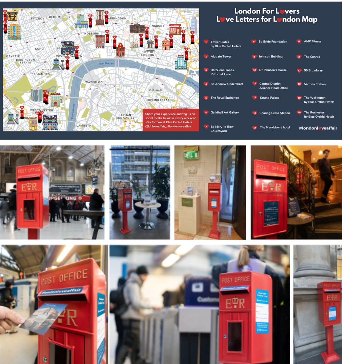 "London for Lovers campaign map showing 'Love Letters for London' post box locations across venues including Tower Suites by Blue Orchid Hotels, Aldgate Tower, Bermondsey Tapas, St Bride Foundation, The Conrad and Victoria Station, alongside photos of the bespoke red post boxes installed in a train station, a hotel lobby, a lobby seating area, a staircase landing, being used by a visitor, at a station platform, and mounted on a stone pillar