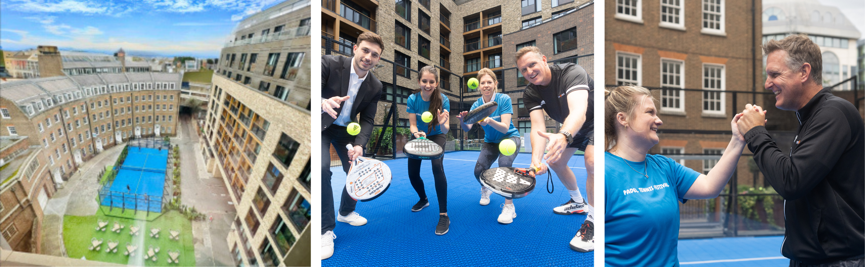 three images showcasing central london alliances padel activation in the crescent, tower hill, london