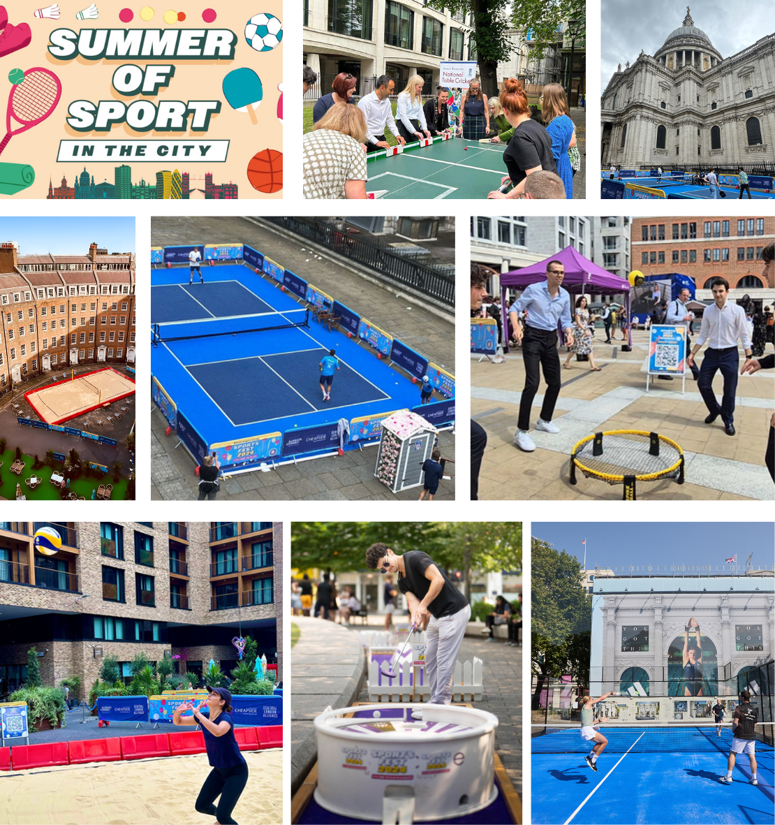 Photo grid from Summer of Sport in the City 2024: includes the campaign's branded graphic, families playing pop-up sports games, St Paul's Cathedral in the background of an outdoor court, an aerial view of a padel court installation, people playing padel, visitors trying pop-up games under gazebos, a woman playing beach volleyball, a person taking part in a lawn game, and players on a padel court near a historic building